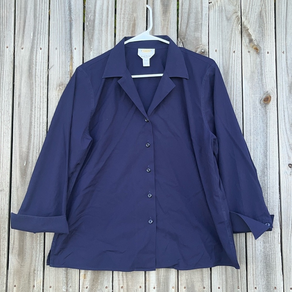 Imperfect vintage Talbots blouse‎ cotton blend lightweight button down navy blue
